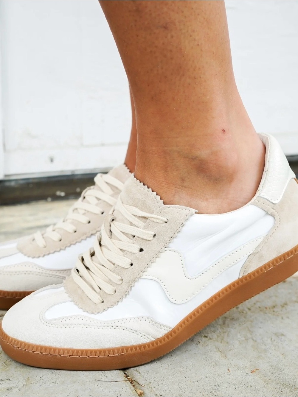 Dolce Vita White and Beige Suede-Trim Athletic Sneakers